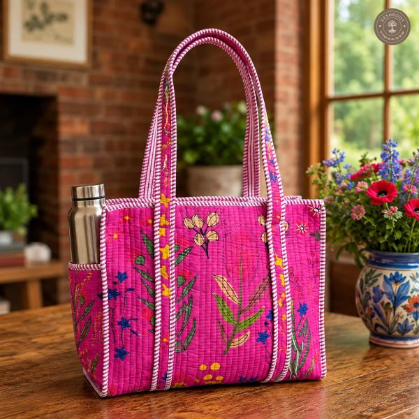 Handcrafted Quilted Pink Floral Cotton Tote Bag with Bottle Pocket