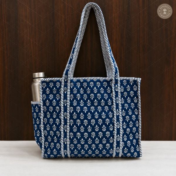 Blue Hand Block Printed Quilted Tote Bag with Bottle Pocket