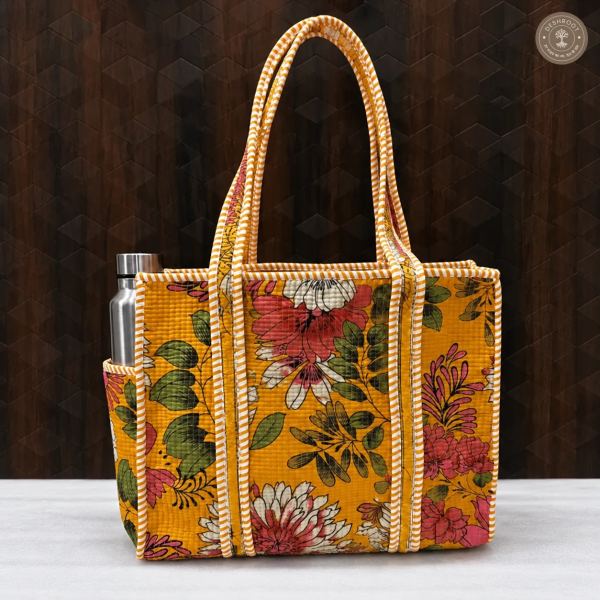 Mustard Floral Quilted Cotton Tote Bag with Bottle Pocket