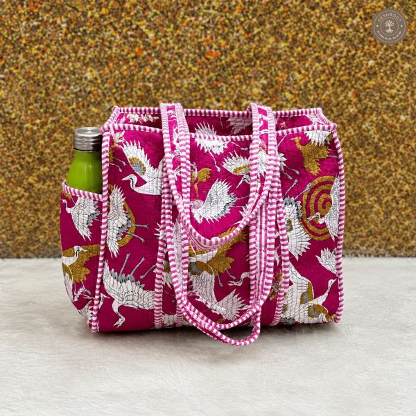Handcrafted Quilted Crane Print Cotton Tote Bag with Bottle Pocket