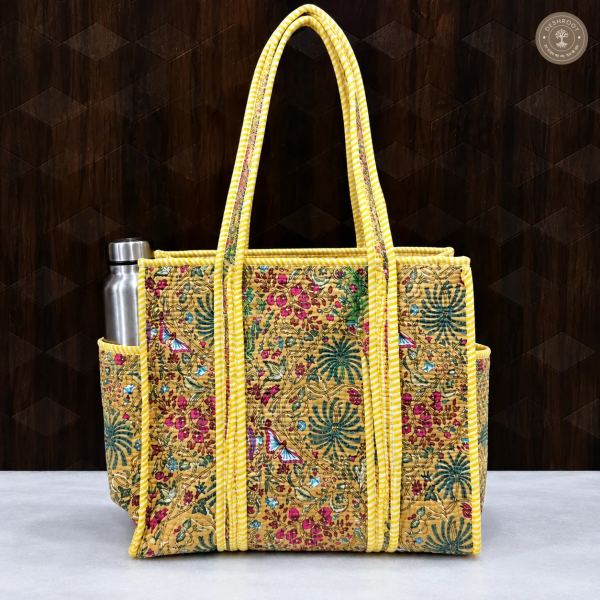 Handcrafted Beige Floral Quilted Cotton Tote Bag with Bottle Pocket