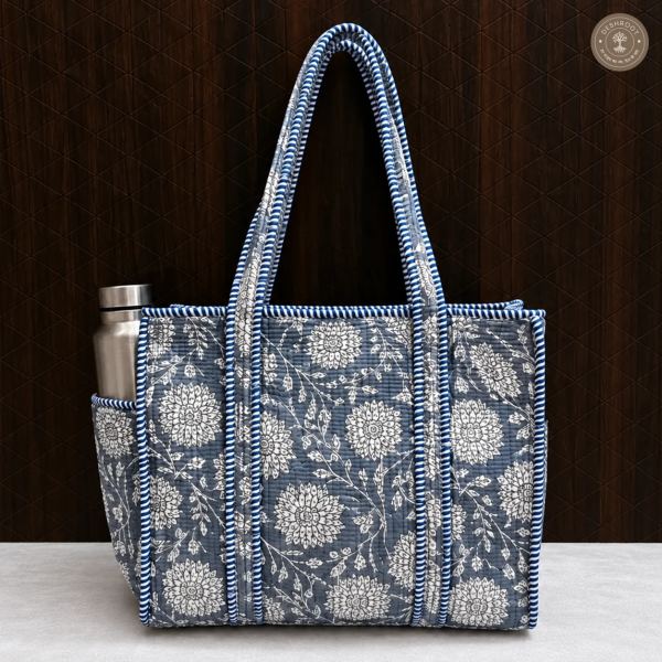 Handcrafted Grey Floral Quilted Cotton Tote Bag with Bottle Pocket