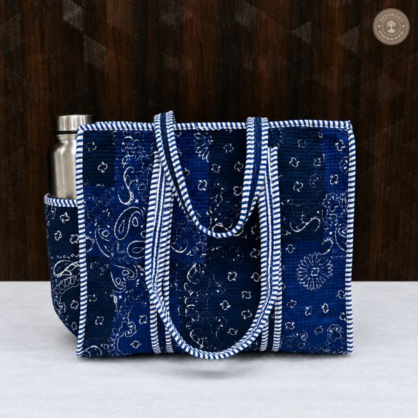 Handcrafted Navy Blue Quilted Cotton Tote Bag with Paisley Print & Bottle Pocket