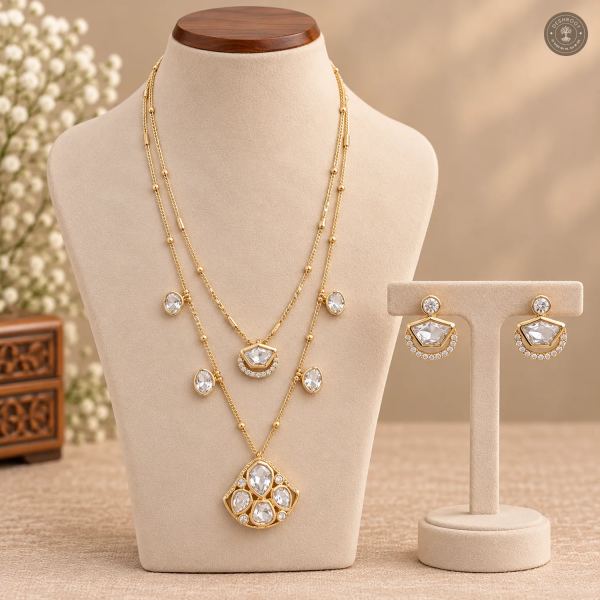 Two-Layer Fan Pendant Oval Charm Chain Necklace Set
