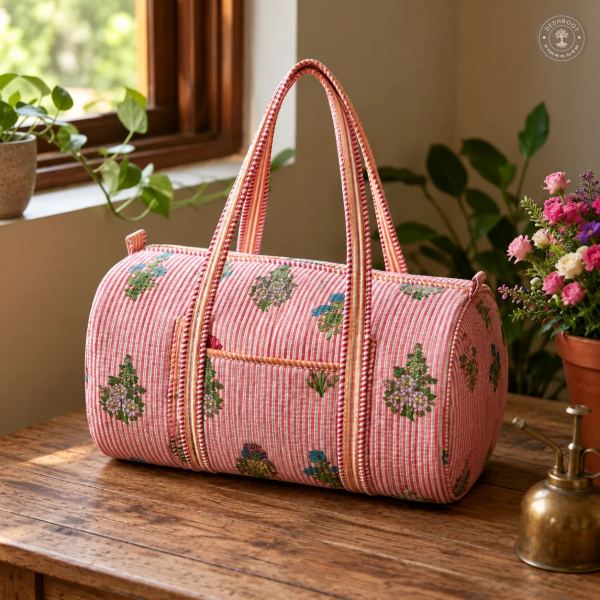 Blush Stripe Floral Handmade Quilted Cotton Duffle Bag