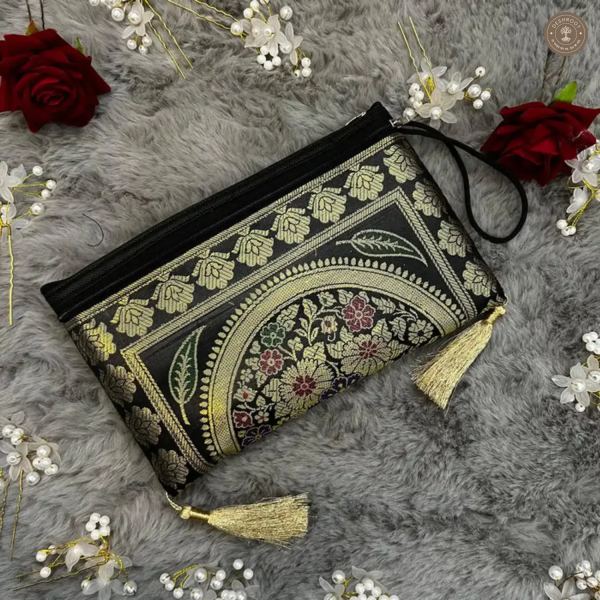Black Banarasi Silk Brocade Embroidered Purse for Women