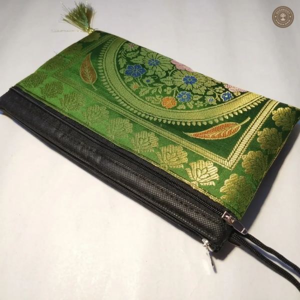 Green Banarasi Silk Brocade Embroidered Purse for Women