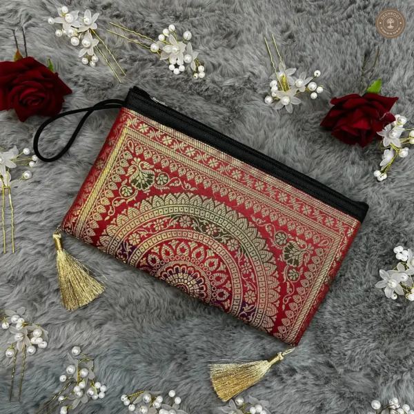 Dark Red Banarasi Silk Brocade Purse for Women