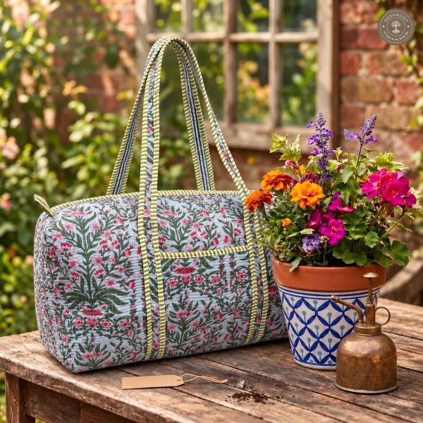 Handcrafted Quilted Sage Green Floral Cotton Duffel Bag