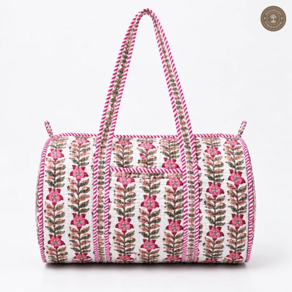 Handcrafted Quilted Pink Floral Block Print Cotton Duffel Bag