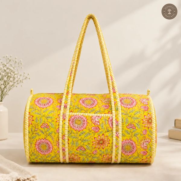 Handcrafted Quilted Yellow Floral Cotton Duffel Bag