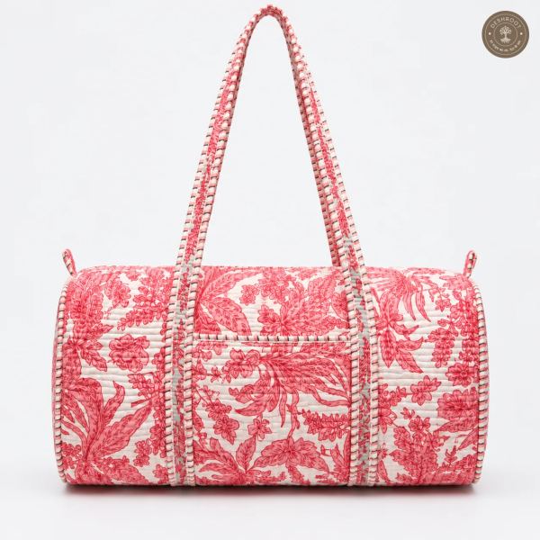 Handcrafted Quilted Coral Tropical Cotton Duffel Bag