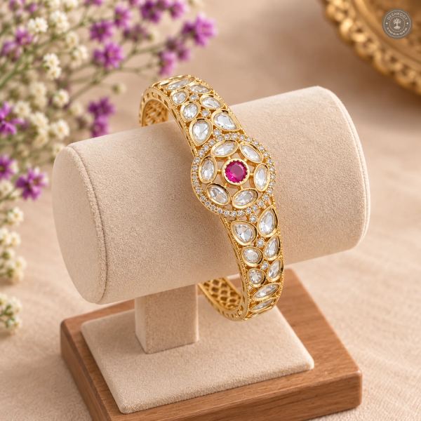 Pink Stone Floral Medallion Gold-Tone Kada Bracelet