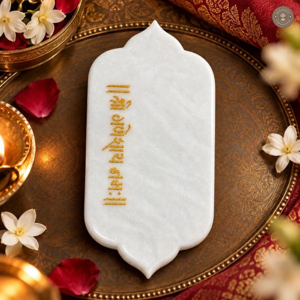 Premium White Marble Pooja Chauki with Shri Ganeshay Namah Gold Engraving