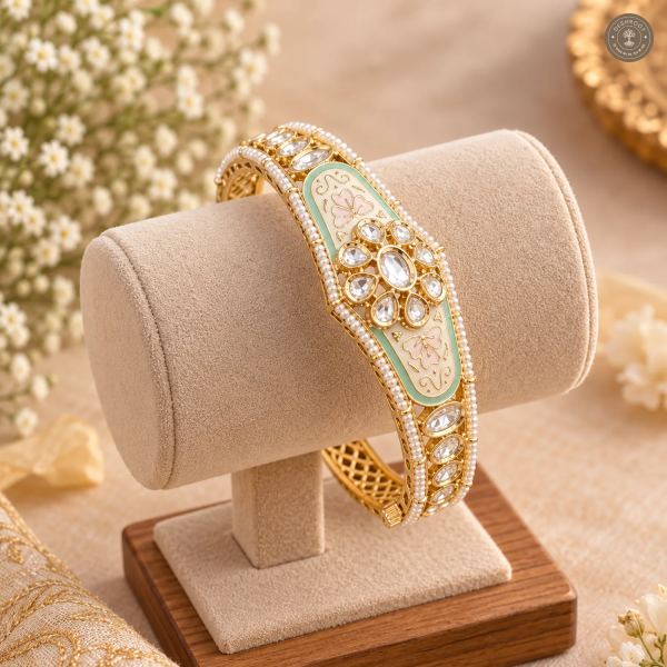 Mint Meenakari Pearl Border Gold-Tone Kada Bracelet