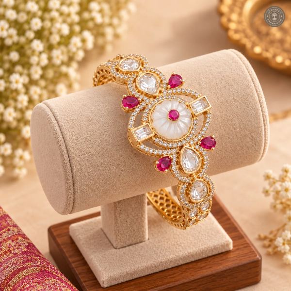 Carved White Floral Pink Pear Stone Gold-Tone Kada Bracelet