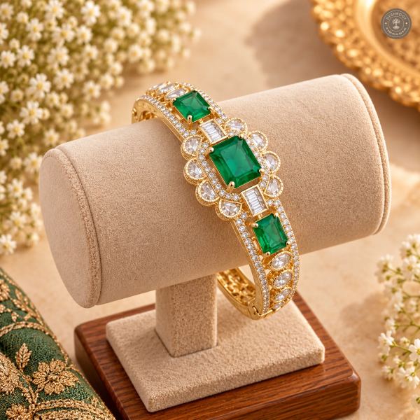 Emerald-Cut Triple Stone Scalloped Frame Gold-Tone Kada Bracelet