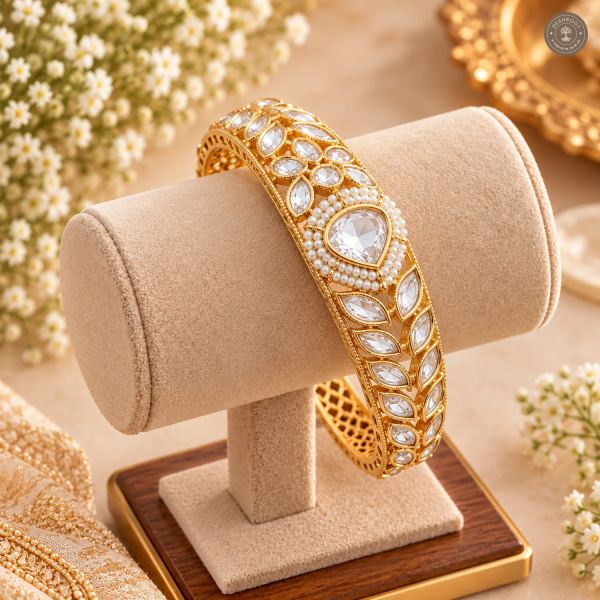 Pearl Halo Pear Stone Gold-Tone Kada Bracelet