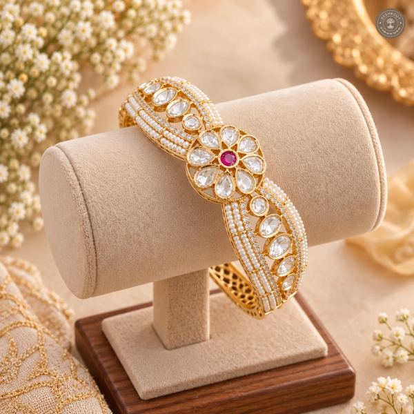 Kundan Petal Flower Layered Pearl Gold-Tone Kada Bracelet