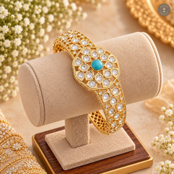 Turquoise Centre Octagon Medallion Openwork Gold-Tone Kada Bracelet