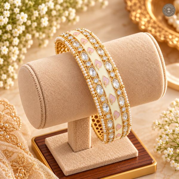 Ivory Pink Petal Enamel Strip Pearl Edge Gold-Tone Kada Bracelet