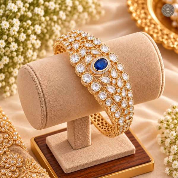 Blue Oval Centre Stone Leaf Cluster Clear Kundan Gold-Tone Kada Bracelet