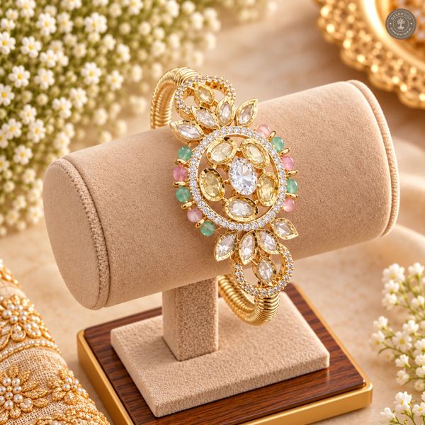 Pastel Bead Oval Medallion Ribbed Band Gold-Tone Cuff Bracelet