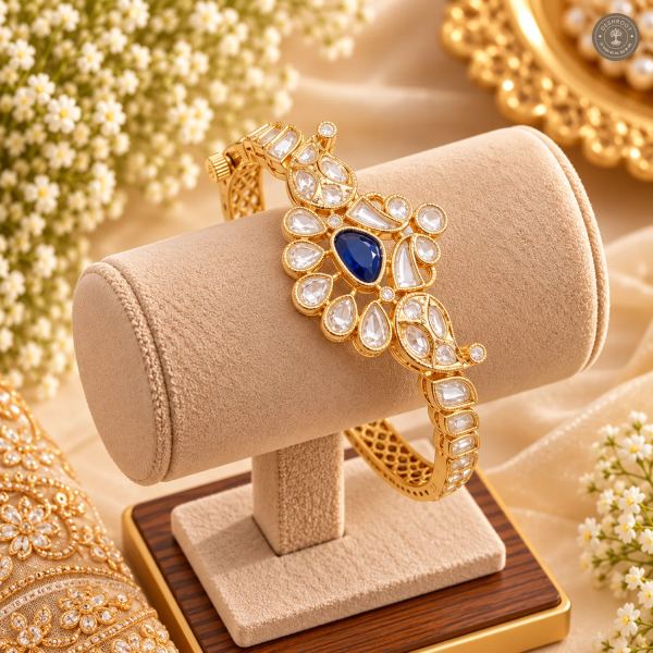 Blue Pear Centre Stone Paisley Motif Slim Gold-Tone Kada Bracelet