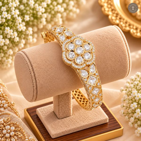 Clear Round Cluster Medallion Square Cut Accent Gold-Tone Kada Bracelet