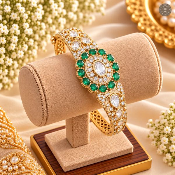 Green Oval Stone Halo Clear Centre Filigree Gold-Tone Kada Bracelet
