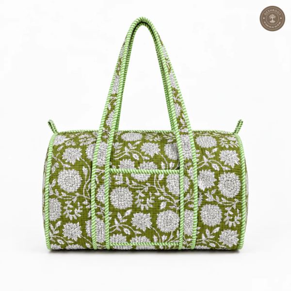 Handcrafted Quilted Green Floral Cotton Duffel Bag
