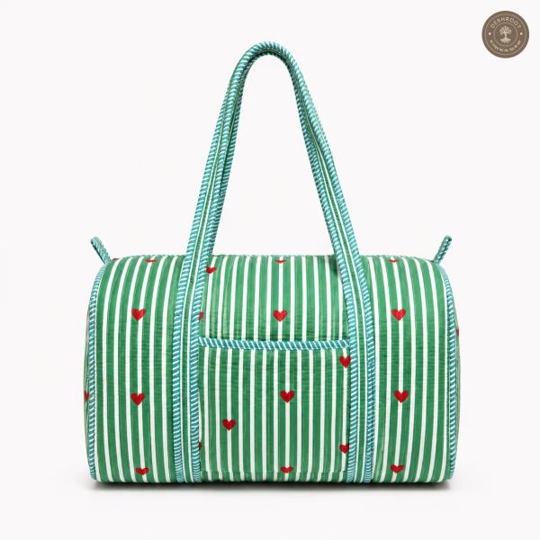 Handcrafted Quilted Green Striped Cotton Duffel Bag with Heart Print