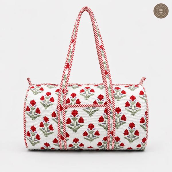 Handcrafted Quilted Red Floral Cotton Duffel Bag