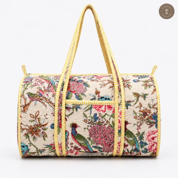 Handcrafted Quilted Vintage Floral & Bird Print Cotton Duffel Bag