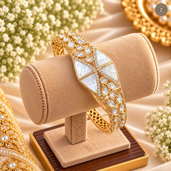 White Panel Criss-Cross Leaf Stone Gold-Tone Kada Bracelet