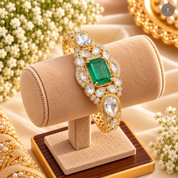 Emerald-Cut Centre Stone Cluster Gold-Tone Kada Bracelet
