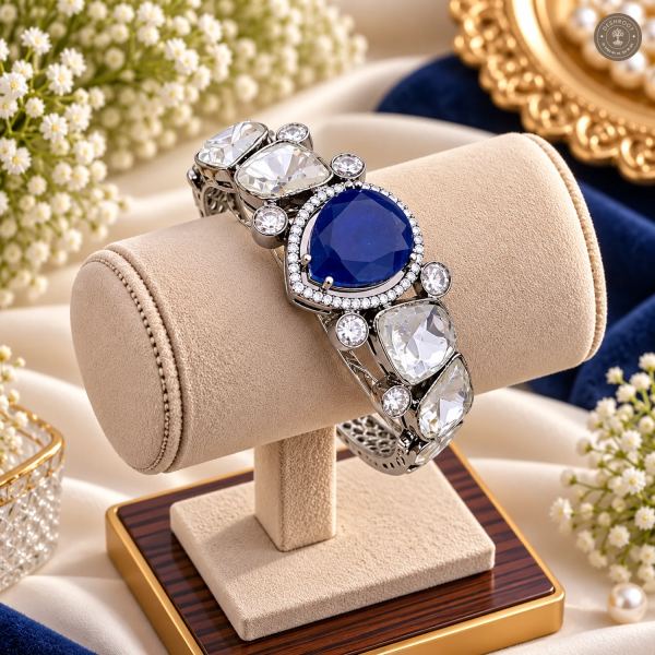 Blue Pear Centre Stone Silver-Tone Kada Bracelet