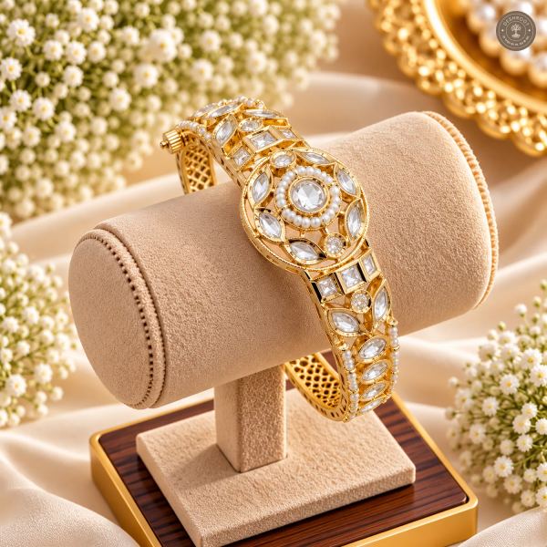 Round Medallion Square Stone Pearl Accent Gold-Tone Kada Bracelet