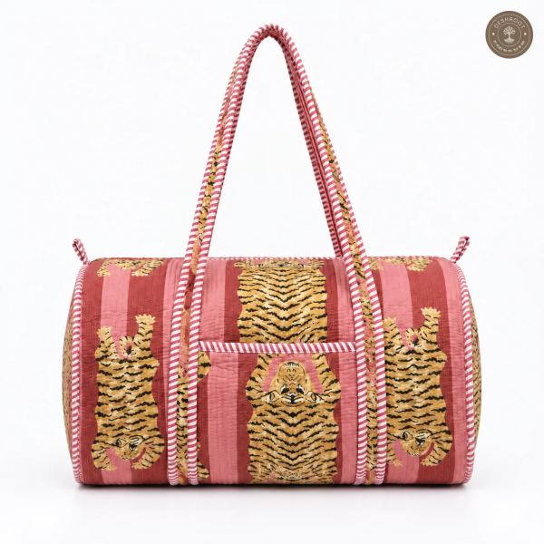 Handcrafted Quilted Tiger Print Cotton Duffel Bag