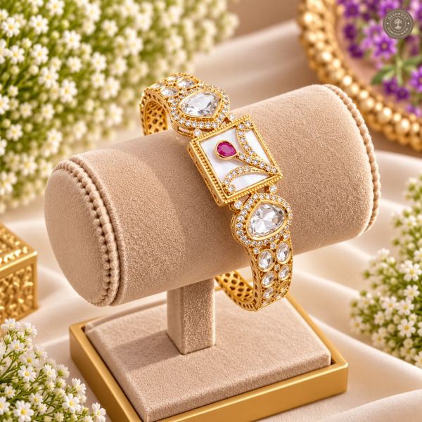 White Square Panel Pink Drop Gold-Tone Kada Bracelet