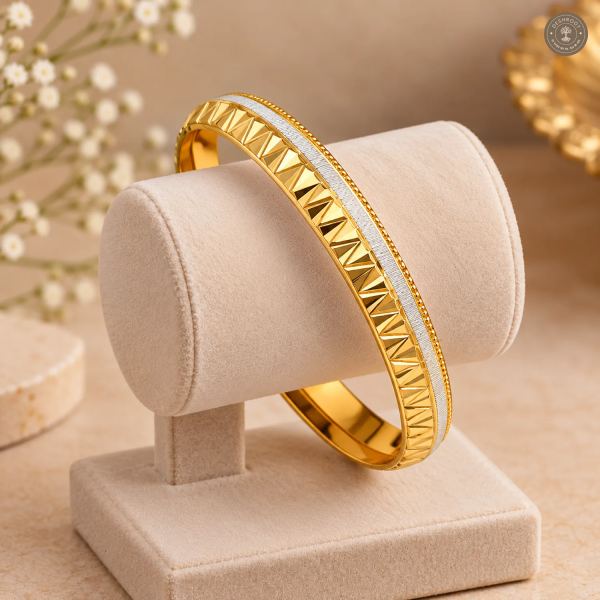 Gold-Tone Zigzag Cut Silver Strip Bangle