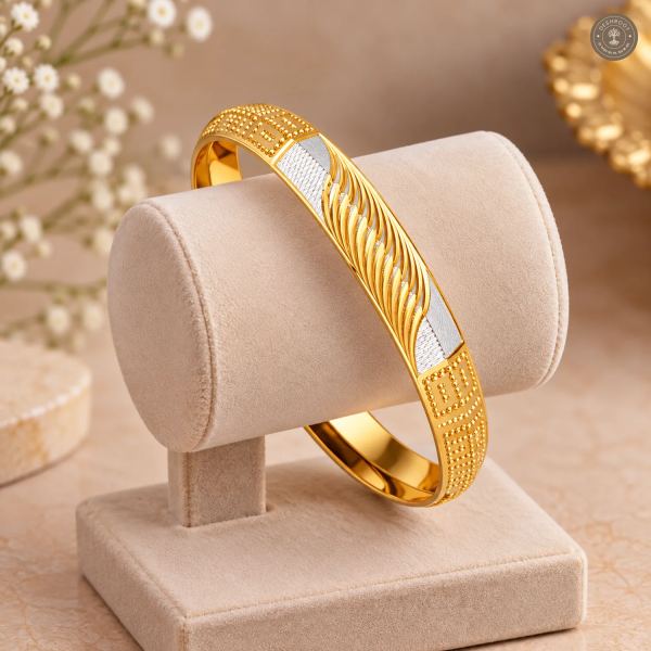 Feather Swirl Beaded Maze Silver Panel Gold-Tone Bangle