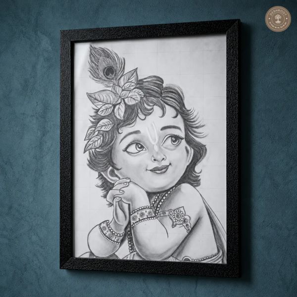 Handmade Little Krishna Pencil Sketch with Wooden Frame