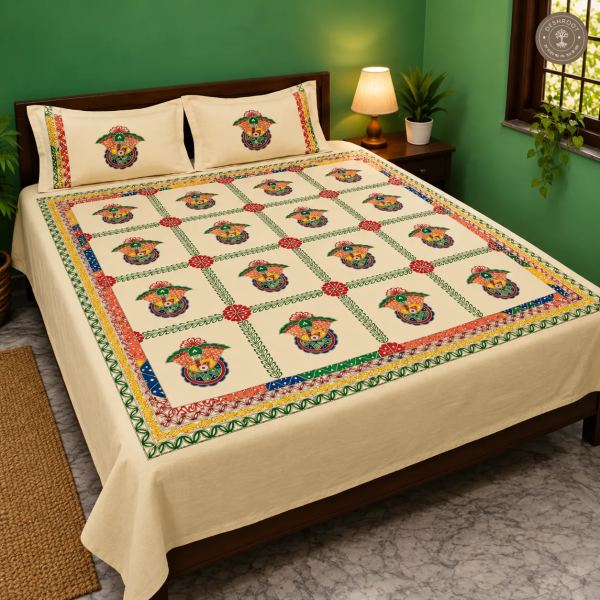 Handmade Mithila Art Double Bedsheet with Kalash Motif