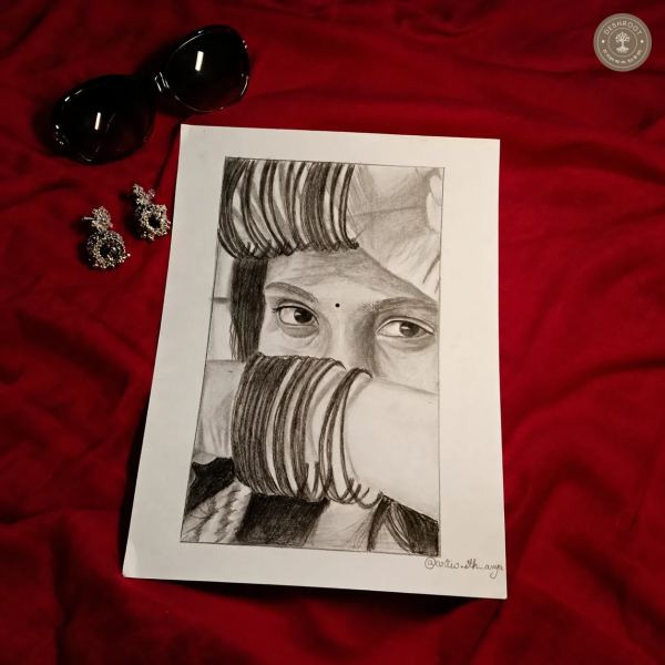 Beauty of Bangles Handmade Pencil Sketch with A4 Black Wooden Frame
