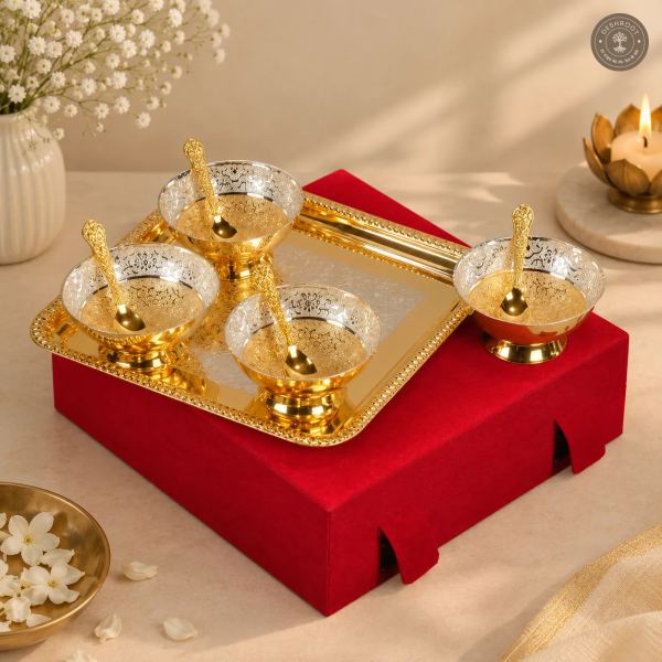 Golden Plated Pooja Serving Tray Set with 4 Bowls & Spoons