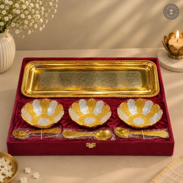 Golden Kamal Bowl Gift Set with 12 Inch Tray and Spoons