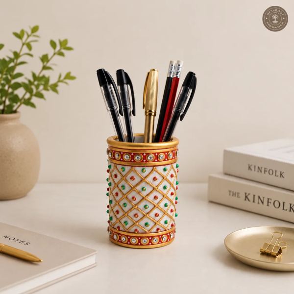 Handcrafted White Marble Pen Holder with Kundan Work - Premium Desk Organizer for Pens, Pencils & Stationery