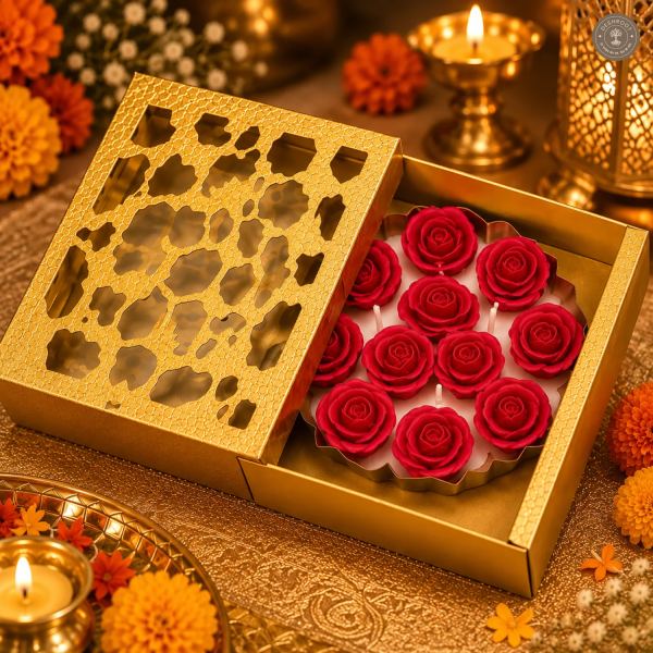 Luxury Floral Urli Candle Gift Box – Handmade Scented Rose Flower Candles in Decorative Metal