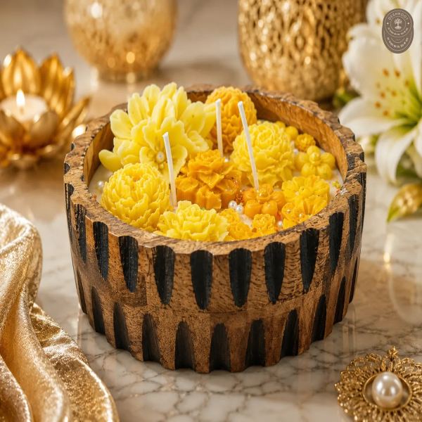 Luxury Yellow Floral Wooden Bowl Scented Candle